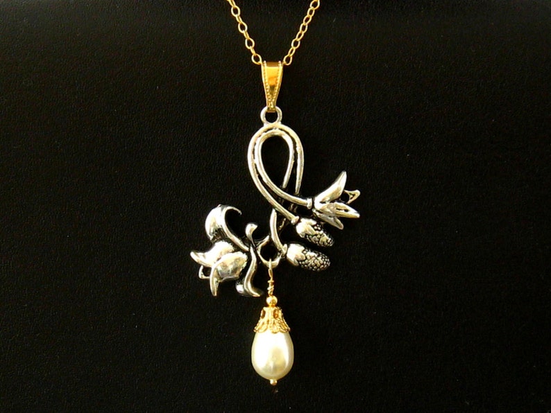 Art Nouveau Jewelry Bridal Wedding Jewelry Silver Gold Fill Art Nouveau Necklace Pearl Flower Necklace Romantic Bridesmaids Gift