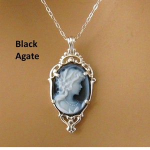 Blue Cameo Necklace: Victorian Woman Small Blue Cameo Necklace, Sterling Silver Setting & Chain, Romantic Victorian Jewelry Gift for Her Black Agate Cameo