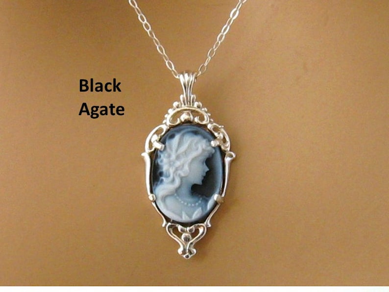 Blue Cameo Necklace: Victorian Woman Small Blue Cameo Necklace, Sterling Silver Setting & Chain, Romantic Victorian Jewelry Gift for Her Black Agate Cameo