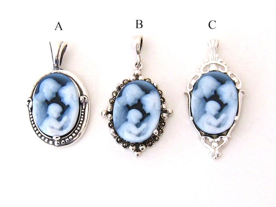 Sterling Silver Mother Cameo Necklace, Carved Agate Genuine Cameo