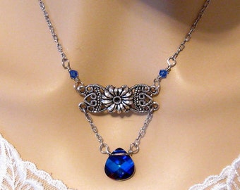 Collier bleu romantique, collier victorien bleu rouge, Swarovski Heliotrope collier de cristal bleu mariée victorienne bijoux de mariée demoiselle d’honneur