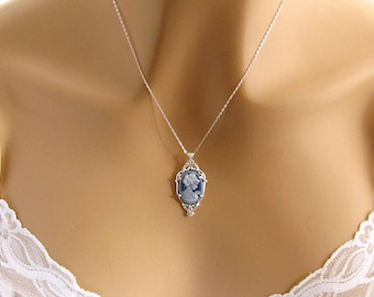 Blaue Kamee Halskette: Viktorianische Frau Kleine blaue Kamee Halskette, Sterling Silber Einstellung & Kette, romantische viktorianische Schmuck Geschenk für Sie