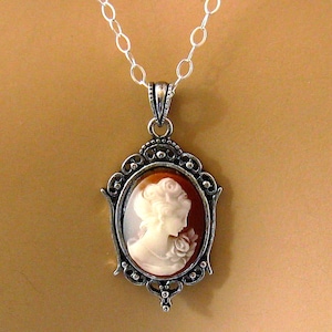 Small Cameo Necklace: Victorian Woman Peach Cameo Necklace, Sterling Silver, Vintage Inspired Romantic Victorian Jewelry, Great Gift for Her