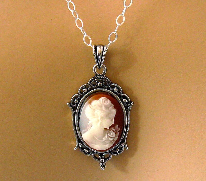 Small Cameo Necklace: Victorian Woman Peach Cameo Necklace, Sterling Silver, Vintage Inspired Romantic Victorian Jewelry, Great Gift for Her Peach (shown)