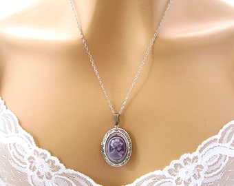 Victorian Cameo Locket Necklace: Victorian Woman Lavender Purple Cameo Necklace Tiny Silver Victorian Locket  Cameo Locket Victorian Jewelry