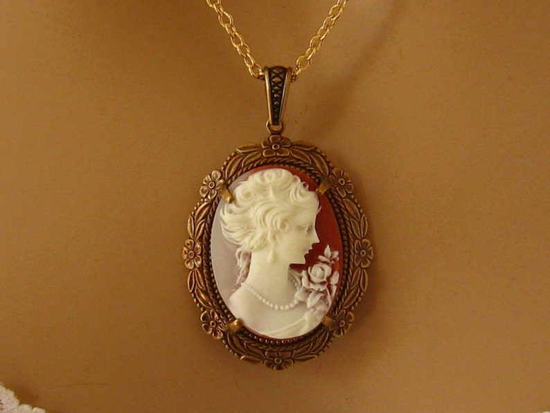 Peach Cameo: Victorian Woman Peach Cameo Necklace, Antiqued Gold, Vintage Inspired Romantic Victorian Jewelry, Romantic Gift for Her image 5