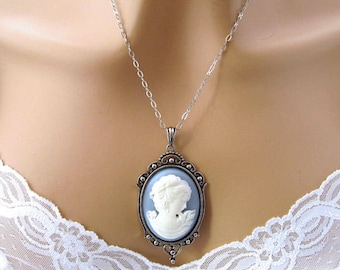 Blue Cameo Necklace: Renaissance Woman Blue Cameo Necklace, Antiqued Silver, Vintage Inspired Romantic Renaissance Jewelry