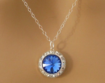 Swarovski Blue Necklace,  Sapphire Blue Pendant Necklace, Sterling Silver Blue Bridesmaids Necklace, Wedding Jewelry, Swarovski Necklace