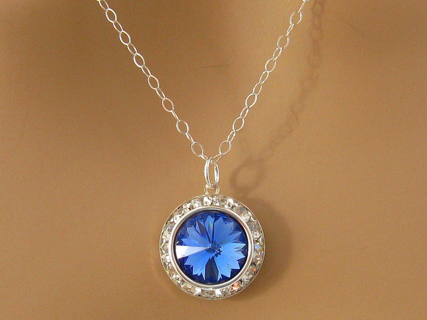 Swarovski Blue Necklace Sapphire Blue Pendant Necklace Sterling Silver Blue Bridesmaids Necklace Wedding Jewelry Swarovski Necklace Etsy UK