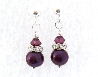 Dangle Pearl Earrings, Sterling Silver, Purple Freshwater Pearl Earrings, Eggplant Wedding Jewelry, Bridesmaids Gift, Mother of the Bride