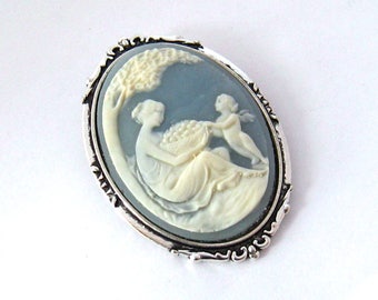 Mother Child Cameo Brooch, Blue Victorian Woman and Child Cameo Pin, New Mother Gift, Antiqued Silver or Antiqued Gold, Blue or Black