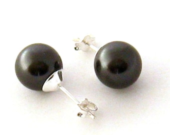 Black Pearl Stud Earrings, Sterling Silver 10 mm Black Pearl Earrings, Sweet 16, Black Pearl Ear Studs, Wedding Jewelry, Bridesmaids Gifts