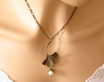 Colar romântico: colar Art Nouveau/colar de folha de ginkgo e pérola de bronze antigo/presente de casamento ou noivado/joias românticas
