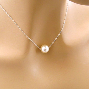 Large Floating Pearl Necklace, Bridesmaid Necklace, Sterling Silver, 12 mm Pearl Choker, Bridal Jewelry, Pearl Necklace, Mother&#39;s Day Gift