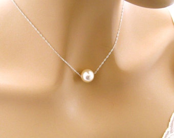 Large Floating Pearl Necklace, Bridesmaid Necklace, Sterling Silver, 12 mm Pearl Choker, Bridal Jewelry, Pearl Necklace, Mother's Day Gift