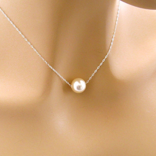 Large Floating Pearl Necklace, Bridesmaid Necklace, Sterling Silver, 12 mm Pearl Choker, Bridal Jewelry, Pearl Necklace, Mother's Day Gift