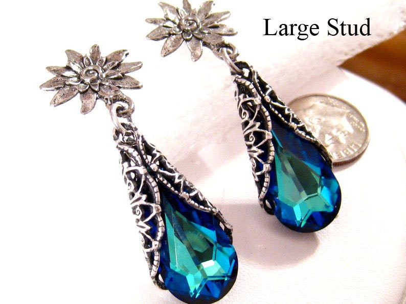Blue Earrings Victorian Wedding Jewelry,Swarovski Victorian Bridesmaid Earrings,Blue Bridesmaid Jewelry,Victorian Post Earrings,Prom Jewelry image 3