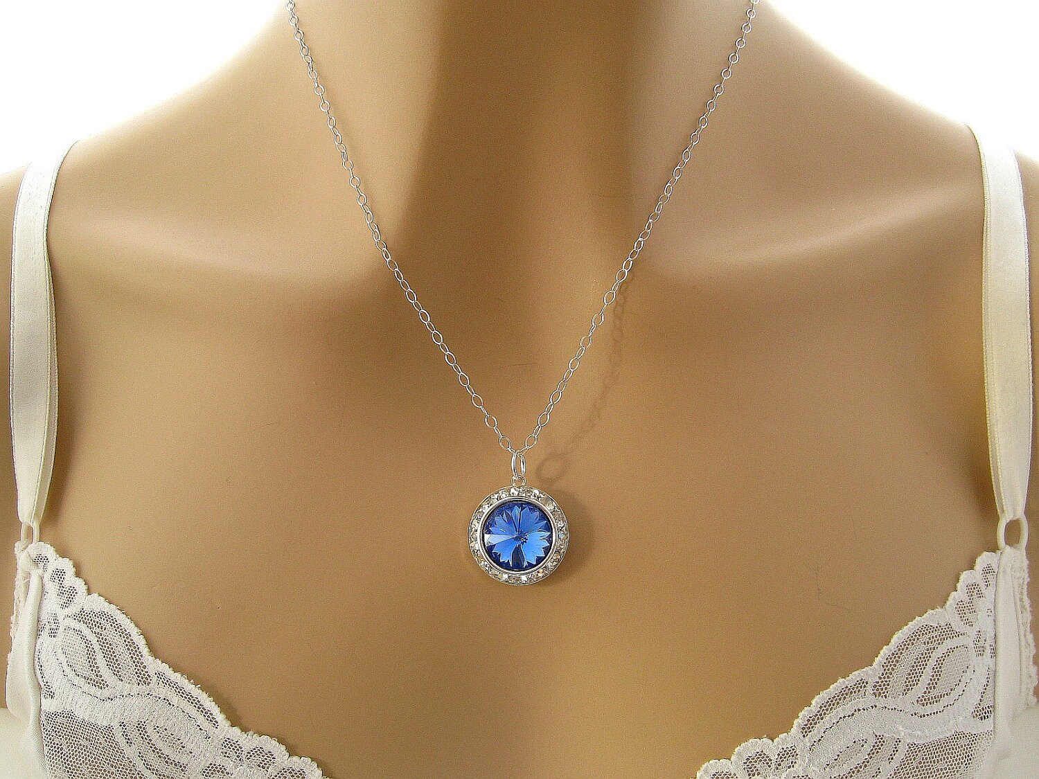 Swarovski Blue Necklace, Sapphire Blue Pendant Necklace, Sterling 
