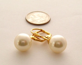 Drop Pearl Earrings, Gold 10 mm Cream Pearl Drop Earrings, Sweet 16, Large Pearl Earrings Bridal Jewelry, Wedding Jewelry, Bridesmaids Gift