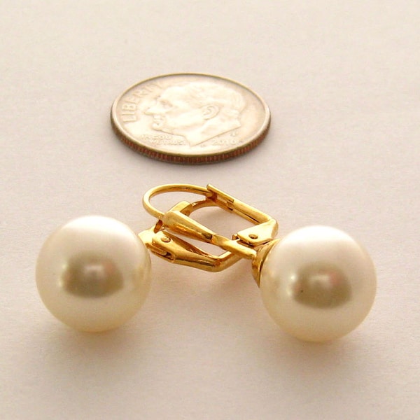 Drop Pearl Earrings, Gold 10 mm Cream Pearl Drop Earrings, Sweet 16, Large Pearl Earrings Bridal Jewelry, Wedding Jewelry, Bridesmaids Gift