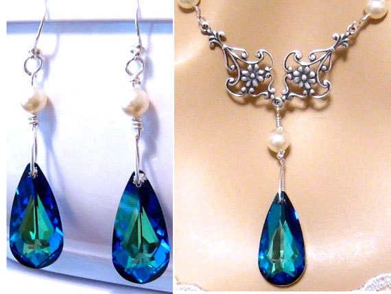Blue Bridal Jewelry Set, Peacock Wedding Bridesmaids Jewelry Swarovski Necklace Earring Victorian Wedding Sterling Silver Bridal Bridesmaid