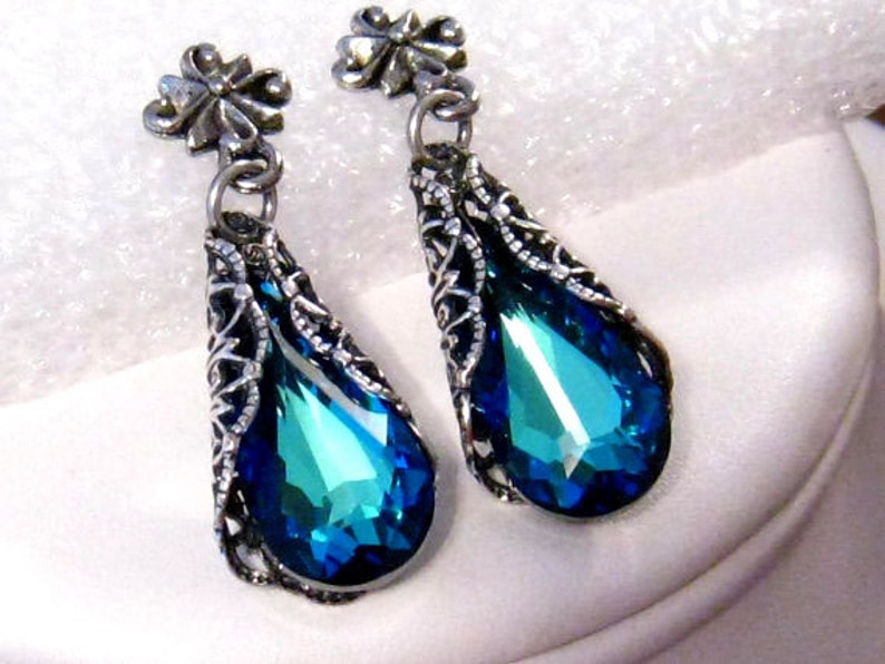 Blue Earrings Victorian Wedding Jewelry,Swarovski Victorian Bridesmaid Earrings,Blue Bridesmaid Jewelry,Victorian Post Earrings,Prom Jewelry image 1