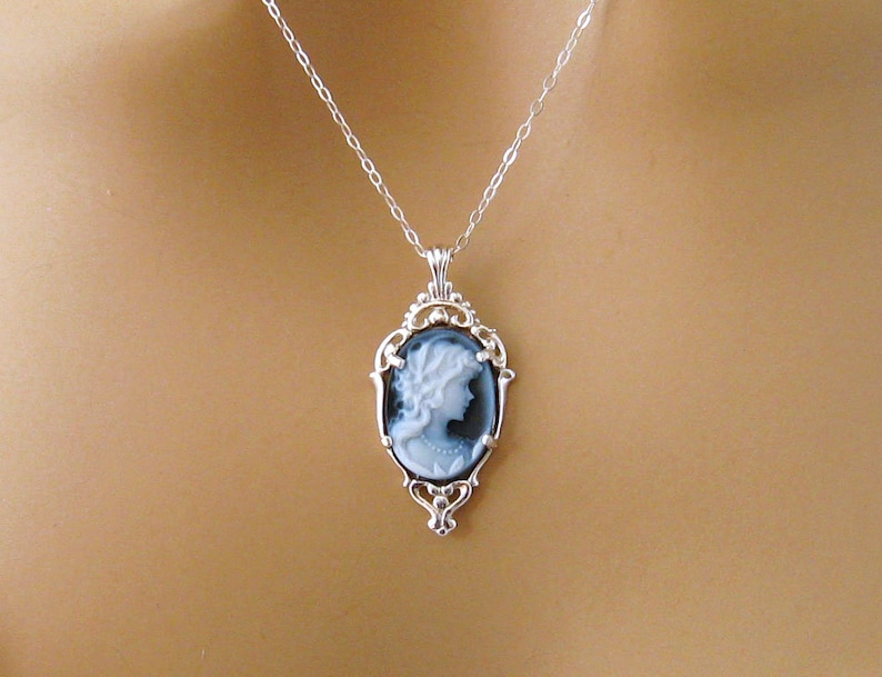 Real Cameo: Victorian Woman Blue Cameo Necklace, Sterling Silver, Vintage Inspired Romantic Victorian Jewelry, Romantic Gift for Her image 1
