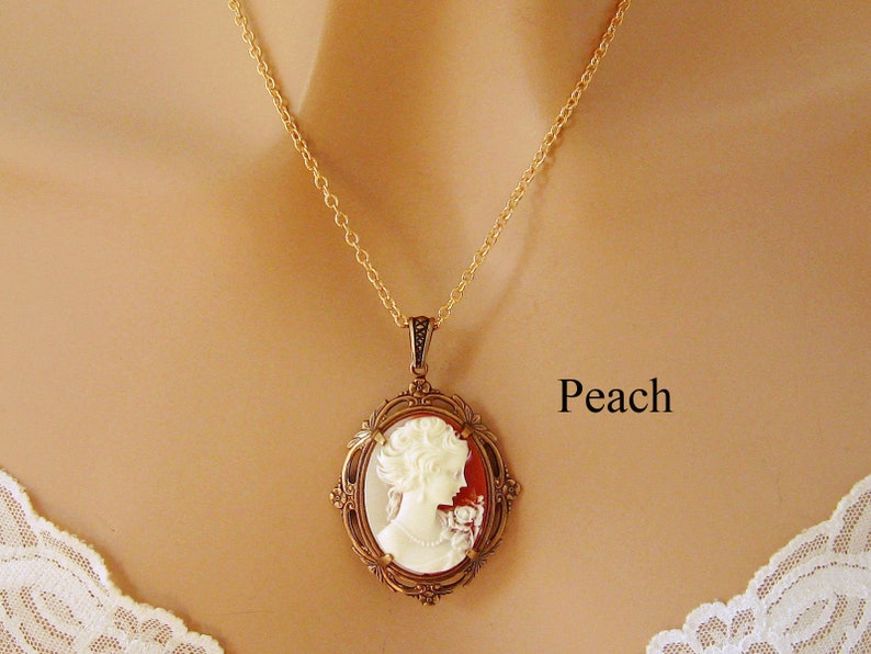 Peach Cameo: Victorian Woman Peach Cameo Necklace, Antiqued Gold, Vintage Inspired Romantic Victorian Jewelry, Romantic Gift for Her image 9