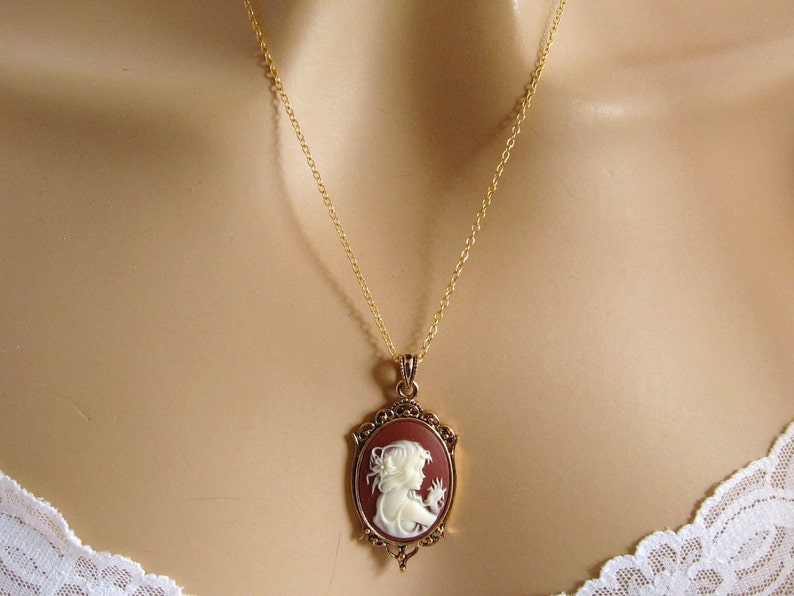 Brown Cameo: Woodland Girl Small Brown Cameo Necklace, 14 Carat Gold Fill Vintage Inspired Romantic Victorian Jewelry, Romantic Gift for Her image 3