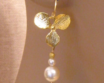 Gold Orchid Earrings, Flower Earrings, Pearl Bridal Earrings, Floral Wedding Jewelry, 14 Carat Gold Fill