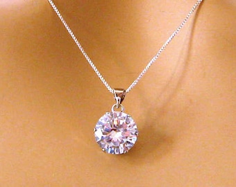 Cubic Zirconia Necklace, 12 mm CZ Pendant, Large Cubic Zirconia Solitaire Necklace, Sterling Silver, Wedding Jewelry, Mothers Day Gift