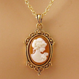 Small Caramel Cameo: Victorian Woman Peach Cameo Necklace, Antiqued Gold, Vintage Inspired Romantic Victorian Jewelry, Peach Cameo Necklace