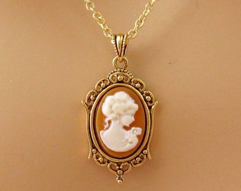 Small Caramel Cameo: Victorian Woman Peach Cameo Necklace, Antiqued Gold, Vintage Inspired Romantic Victorian Jewelry, Peach Cameo Necklace