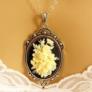 Flower Cameo Necklace, Victorian Black Cameo, Flower Black Cameo Necklace, Victorian Cameo Jewelry, Sterling Silver Chain
