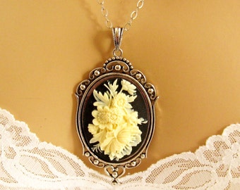 Flower Cameo Necklace, Victorian Black Cameo, Flower Black Cameo Necklace, Victorian Cameo Jewelry, Sterling Silver Chain