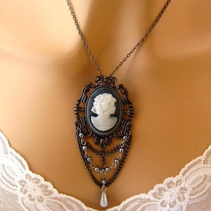Black Cameo: Victorian Woman Black Cameo Necklace Vintage Inspired Black White Cameo Victorian Wedding Jewelry Gift for Her Romantic Jewelry