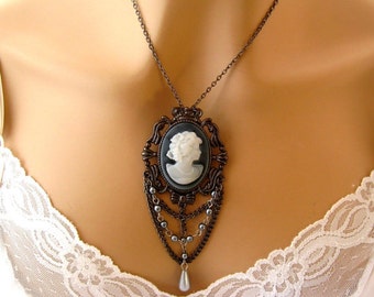 Black Cameo: Victorian Woman Black Cameo Necklace Vintage Inspired Black White Cameo Victorian Wedding Jewelry Gift for Her Romantic Jewelry