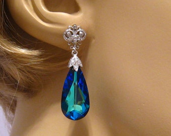 Peacock Blue Swarovski Earrings, Blue Crystal Earrings, Swarovski Bridal Jewelry, CZ Bridal Earrings, Bridesmaids Peacock Wedding Jewelry