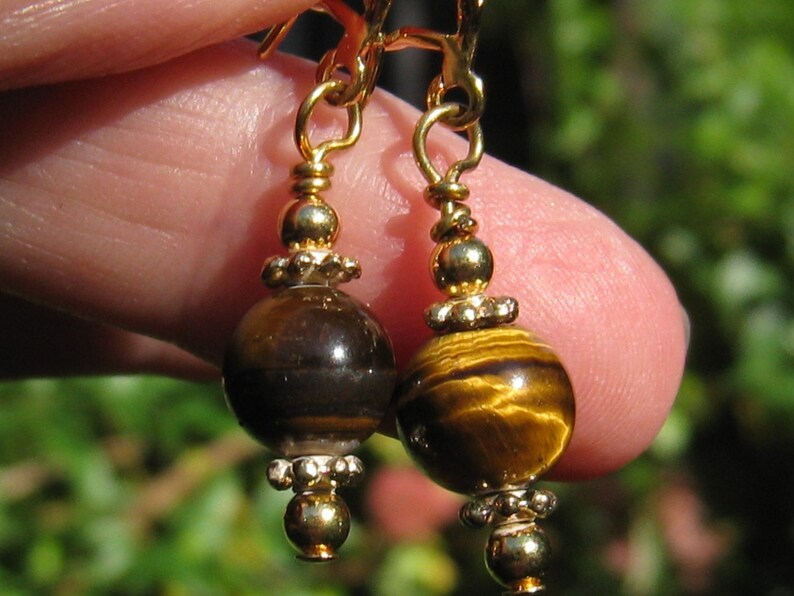 May include: Gold tone earrings with tiger's eye gemstone beads.