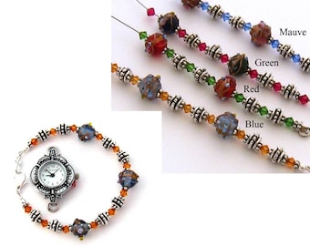 Grandma Gift for Grandma, Gifts for Mom, Women's Lampwork Bracelet Watch, Interchangeable Beaded Watch Band, Faberge, Medical ID Bracelet