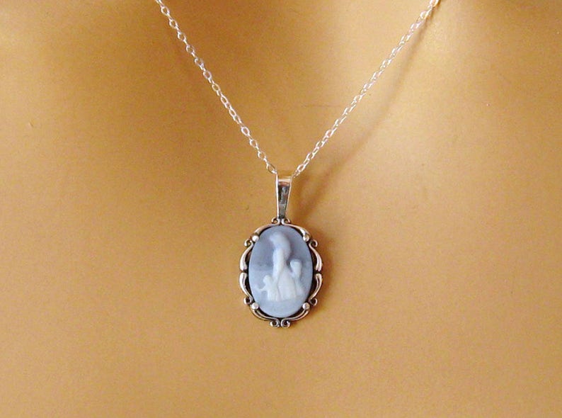 Real Cameo Necklace, Mothers Day Gift, Mother Child Cameo Necklace Sterling Silver Carved Agate Blue Cameo Necklace, Cameo Jewelry Jewellery image 5