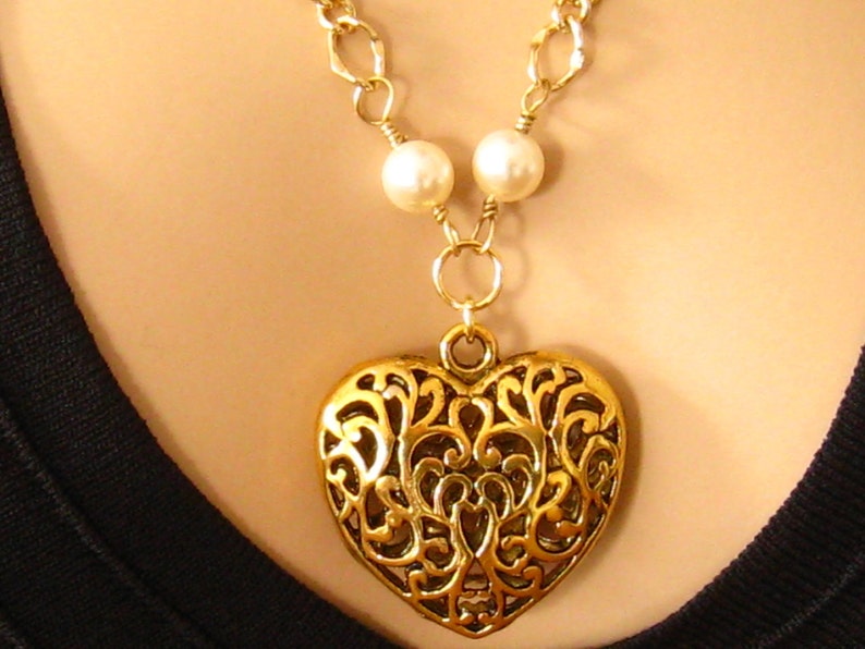 Large Gold Heart Necklace Victorian Antiqued Gold Filigree Etsy