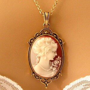 Peach Cameo: Victorian Woman Peach Cameo Necklace, Antiqued Gold, Vintage Inspired Romantic Victorian Jewelry, Romantic Gift for Her image 3