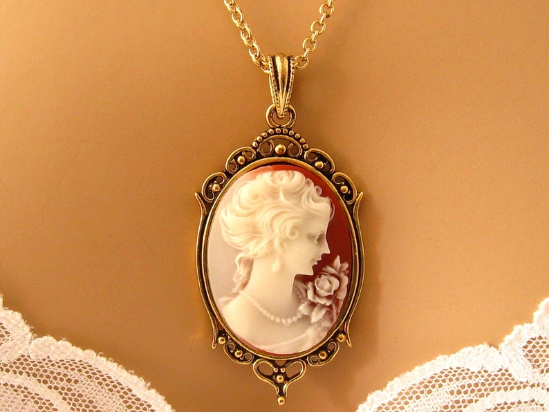 Peach Cameo: Victorian Woman Peach Cameo Necklace, Antiqued Gold, Vintage Inspired Romantic Victorian Jewelry, Romantic Gift for Her image 3