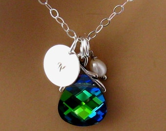 Personalized Peacock Swarovski Crystal Necklace, Sterling Silver Personalized Bridesmaids Necklace Peacock Wedding Jewelry, Bridesmaids Gift