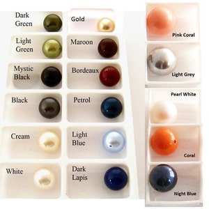 May include: A color chart of round pearl beads in various colors, including dark green, light green, mystic black, black, cream, white, gold, maroon, bordeaux, petrol, light blue, dark lapis, light grey, pearl white, pink coral, coral, and night blue.