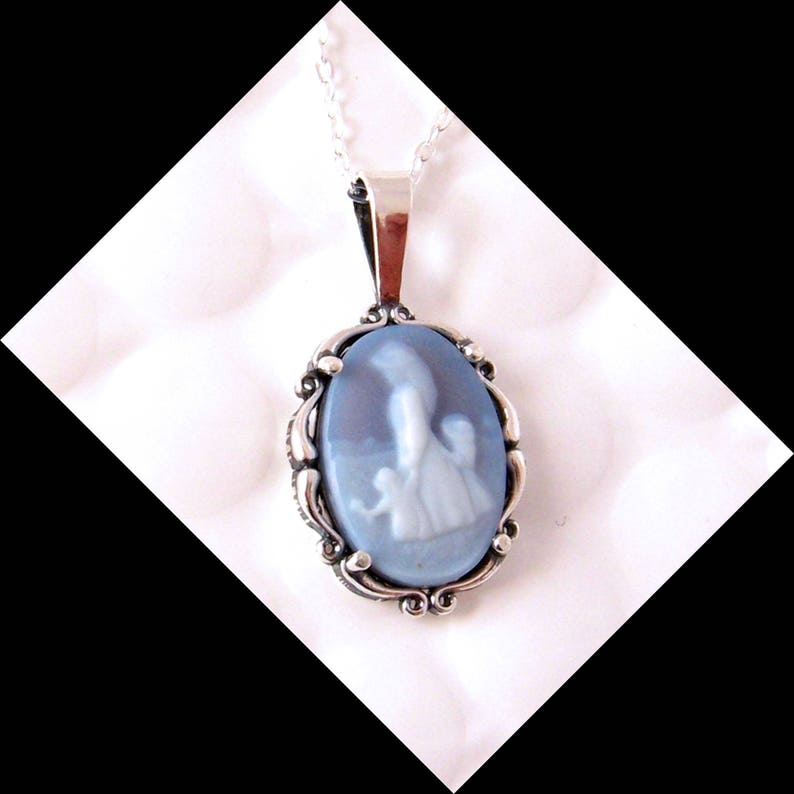 Real Cameo Necklace, Mothers Day Gift, Mother Child Cameo Necklace Sterling Silver Carved Agate Blue Cameo Necklace, Cameo Jewelry Jewellery image 1