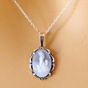 Real Cameo Necklace, Mothers Day Gift, Mother Child Cameo Necklace Sterling Silver Carved Agate Blue Cameo Necklace, Cameo Jewelry Jewellery image 4