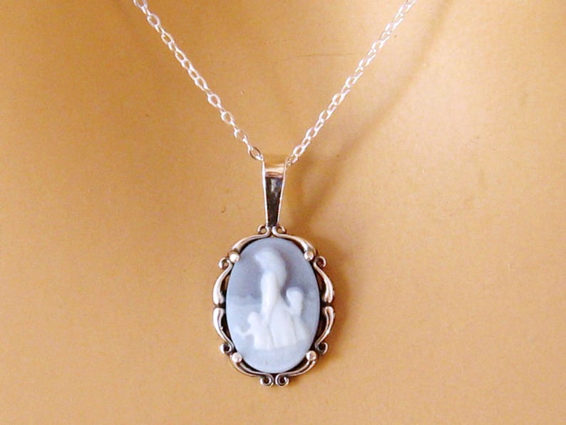 Real Cameo Necklace, Mothers Day Gift, Mother Child Cameo Necklace Sterling Silver Carved Agate Blue Cameo Necklace, Cameo Jewelry Jewellery image 4