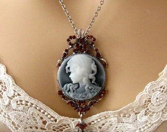 Slate Blue Cameo: Victorian Woman Blue Cameo Necklace, Vintage Inspired Victorian Cameo Necklace, Victorian Jewelry